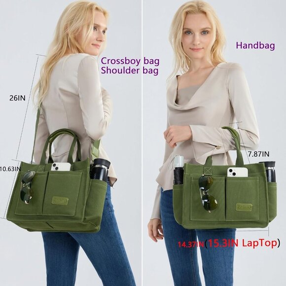 Women's Army Green Imported Canvas Laptop Crossbody Work Large Tote Handbags - Picture 3 of 7